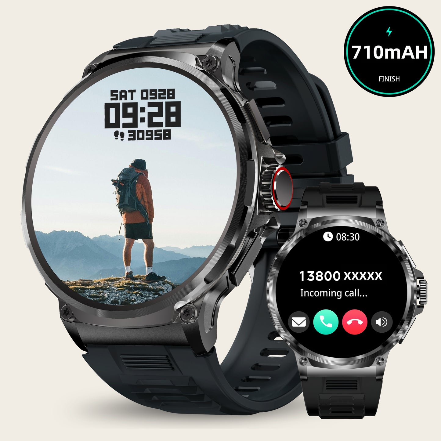 TIZOOP Outdoor Smart Watch with 1.85" HD Display, 710mAh Long-Lasting Battery, 100+ Sports Modes, Step Tracking, Activity Reports, and Water Resistance for Android and iOS Phones