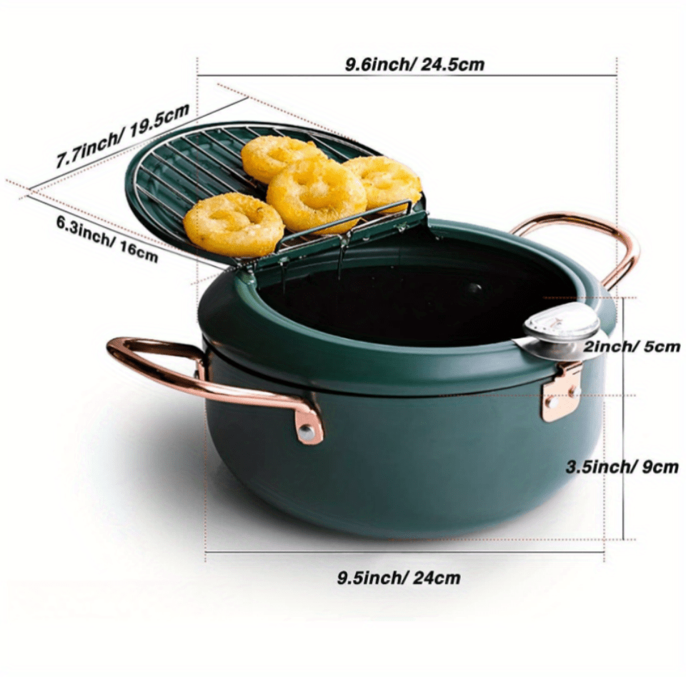 1pc Large Green Tempura Deep Fryer Pan - Non-Stick Carbon Steel with Fahrenheit Thermometer for Perfect Tempura, Chicken, Fish, Shrimp - Easy Cleaning, Durable, Space-Saving Design for Home Kitchen