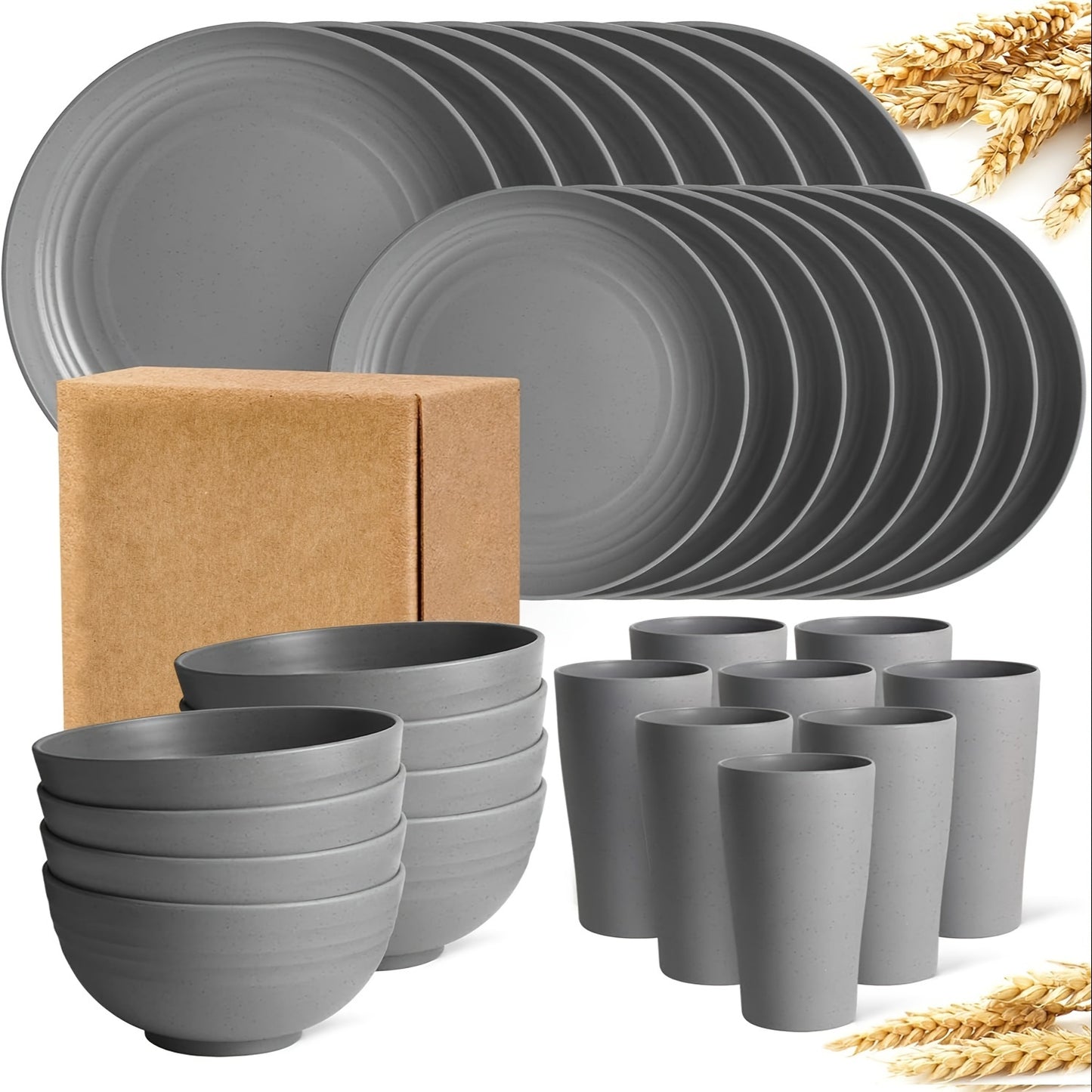 32Pcs Wheat Straw Dinnerware Sets, Lightweight Plates and Bowls Set, Plastic Reusable Plates, Microwave Dishwasher Safe, Reusable Dinnerware, Black Set 8 Dinner Plates, 8 Dessert Plate, 8 Cereal Bowls, 8 Cups.