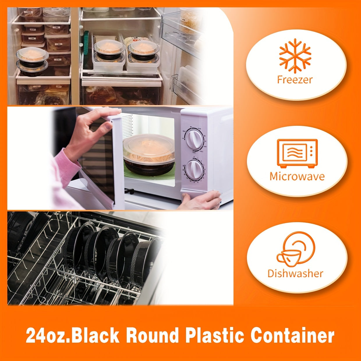 [50Pcs  24oz] Black Round Food Storage Container, Meal Prep Containers with Lids, Disposable Plastic To Go Containers, Bento Box, Stackable, Leak-Proof, BPA-Free, Microwave Safe, Dishwasher Safe, Kitchen Organizers and Storag