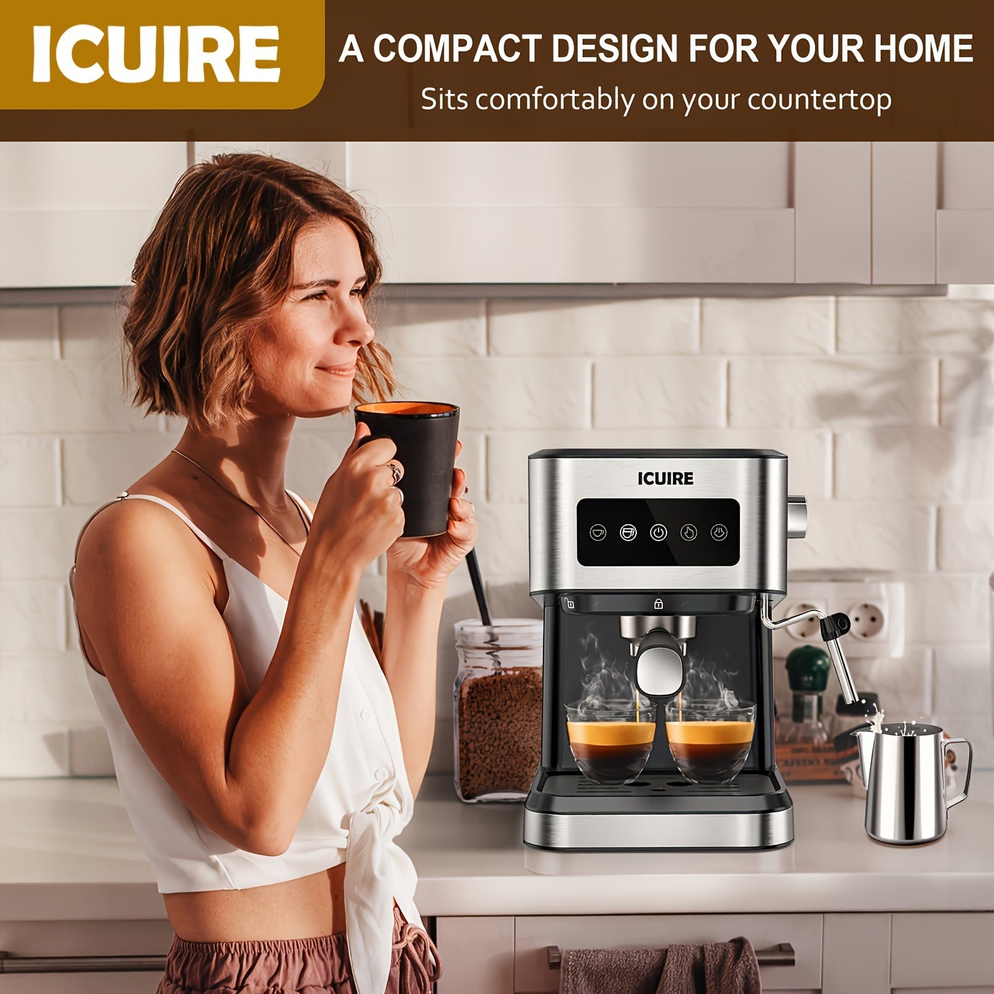 ICUIRE Espresso Machine with Milk Frother, Free milk bubble cup, 20 Bar Pump Pressure Coffee Machine, 1.5L/50oz Removable Water Tank, 1050W Semi-Automatic Espresso/Latte/Cappuccino Machines for Home Barista, Office, kitchen A