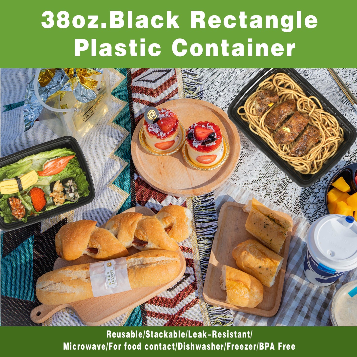 50pcs 38oz Black Rectangular Food Storage Container, Meal Prep Containers with Lids, Disposable Plastic To Go Containers, Bento Box, Stackable, Leak-Proof, BPA-Free, Microwave Safe, Dishwasher Safe, Kitchen Organizers and Sto