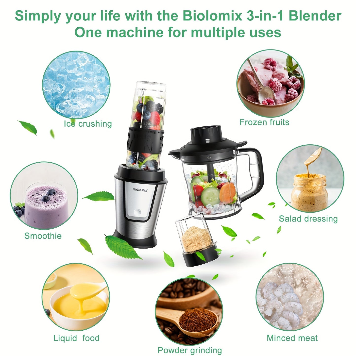 BioloMix 700W High-Speed Blender - 3-in-1 Smoothie Maker, Food Processor & Grinder