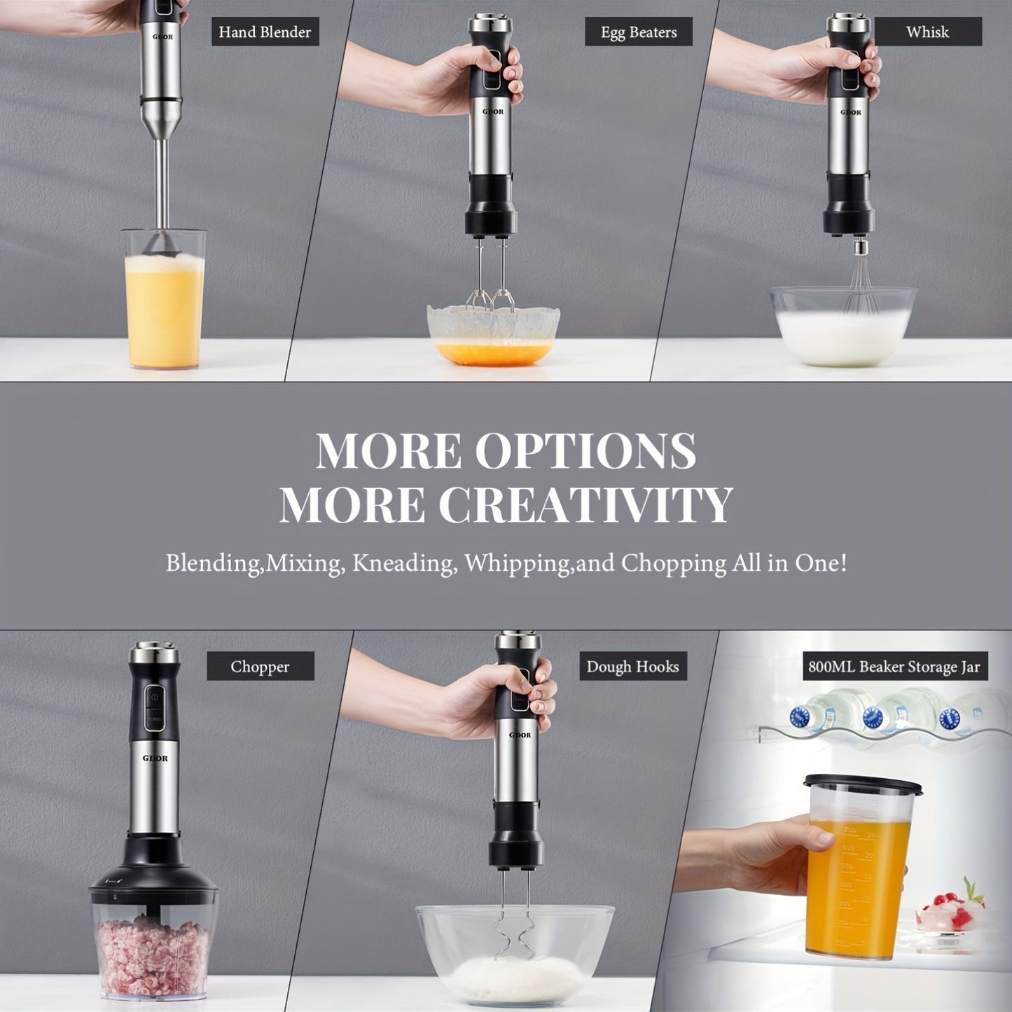 6-in-1 Immersion Blender Handheld 1000W 20-Speed & Turbo Mode, Scratch Resistance Hand Blender WIth Dough Hooks, Egg Beaters, Whisk, 27.05oz Beaker, 20.29oz Chopper Titanium Blades, BPA-Free
