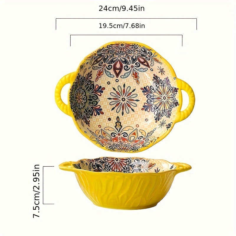 1pc 9.5 "Underglaze Color Bohemia Polish Color Double Ear Soup Bowl, Embossed Soup Bowl, Noodle Bowl, Microwave Safe, For Home Kitchen Restaurant Hotel, Kitchen Supplies, Tableware Accessories