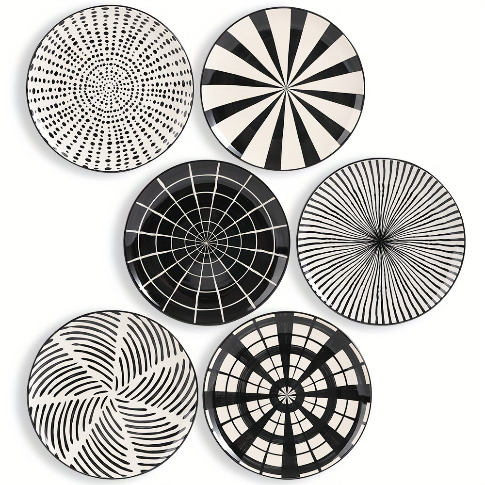 Dinner Plates Ceramic Plate Set - Black Plate Set 8 Inch - 10 Inch Large Porcelain Round Plate Sets Of 6 - Flat Modern Black Pattern Dining Plates For Kitchen | Family - Dishwasher | Microwave | Oven Safe