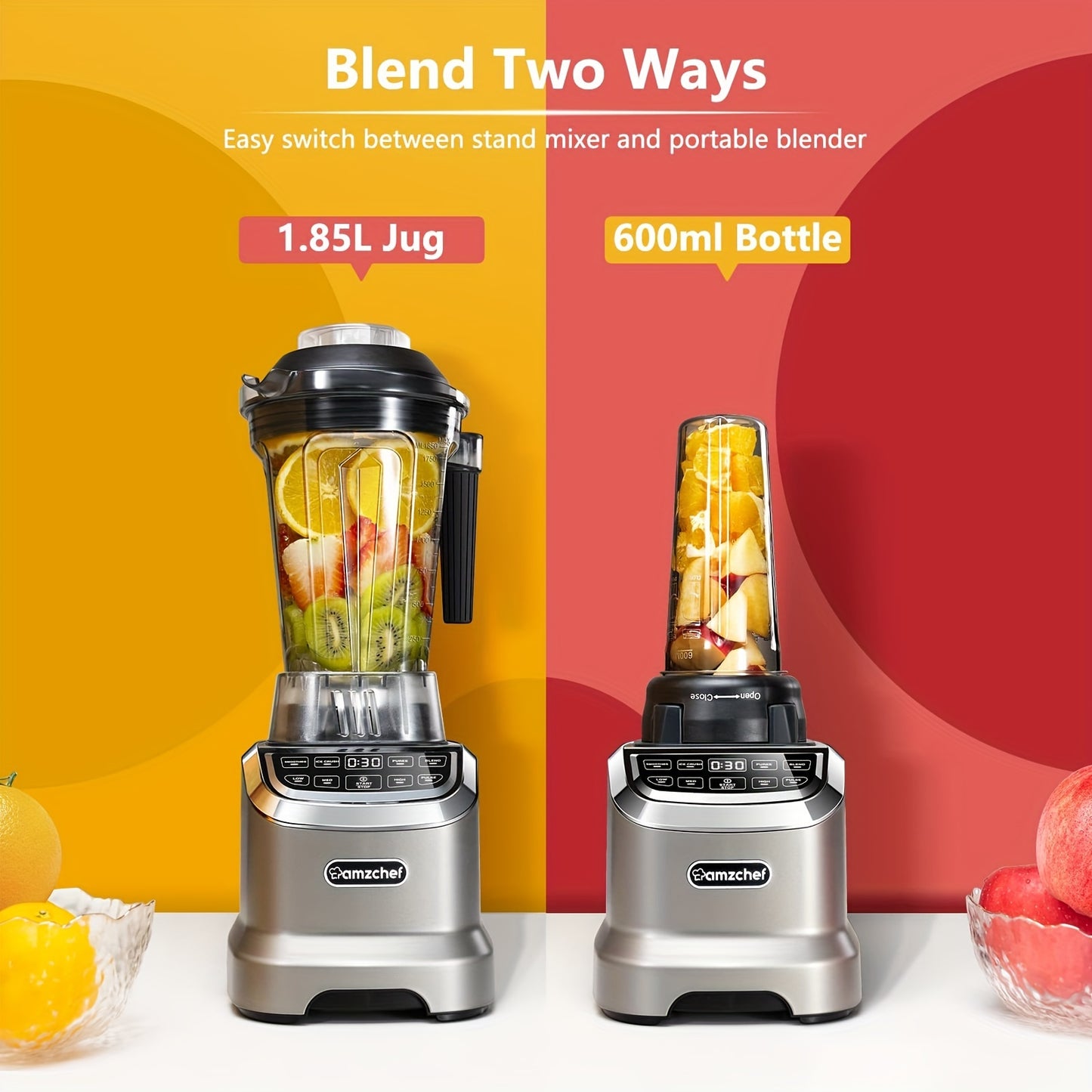AMZCHEF Smoothie Countertop Blender, 1800 W Professional Blender For Kitchen With 600ml Travel Bottle, High-Speed Blender For Shakes, Smoothies, Ice Crushing, Frozen Fruits