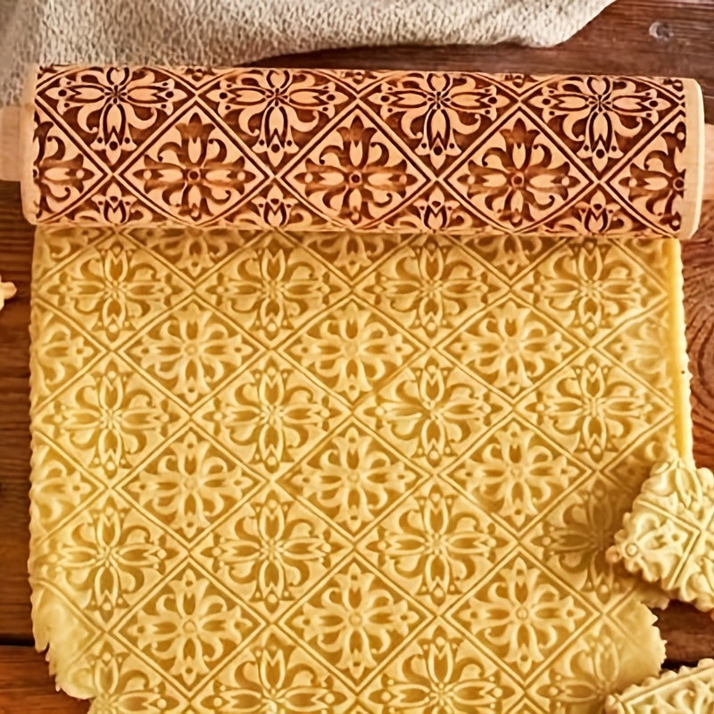 1pc Wooden Lasercarved Pattern Rolling Pin, Festive Holiday Baking Tool for Christmas, Halloween, Easter, Thanksgiving, St. Patrick'S Day, Cookie & Pizza Embossing, Kitchen Accessory