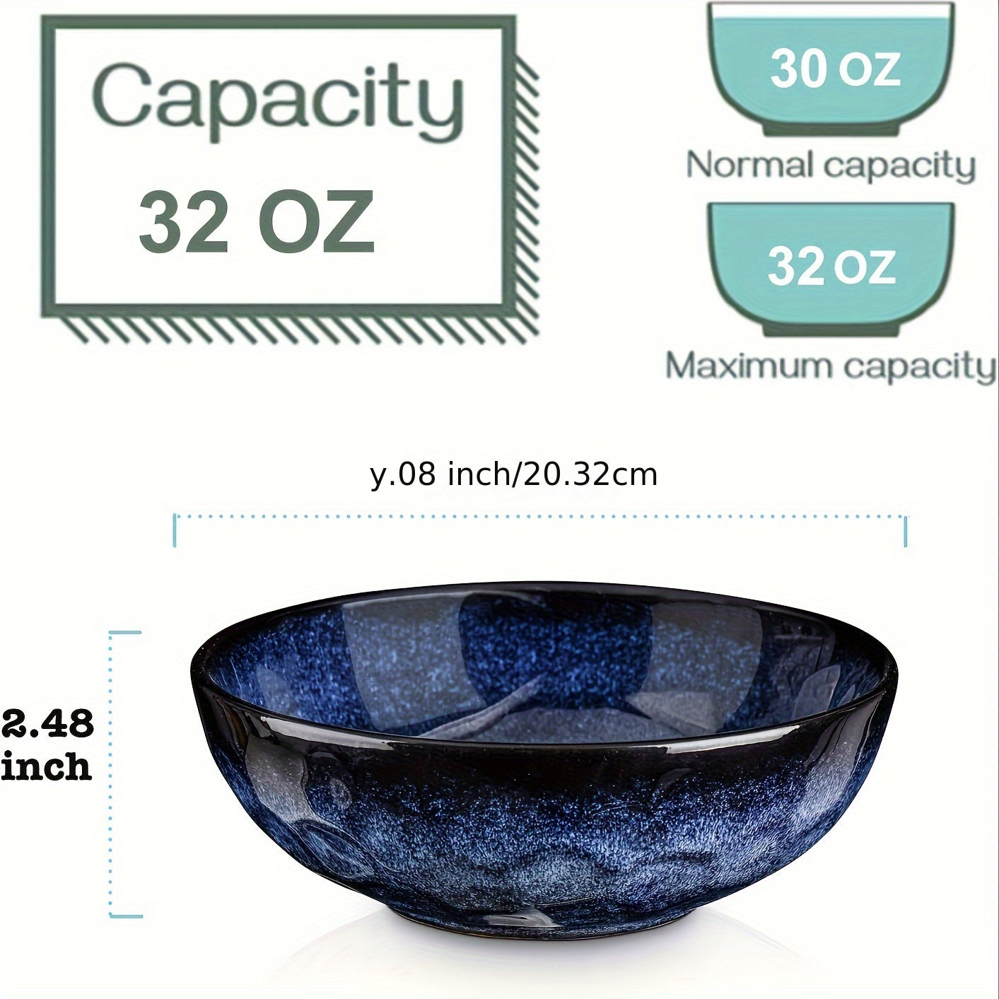 6pcs, vicrays Ceramic Salad Bowls Set for Kitchen, Serving - 32 Ounce Soup Bowls, Pasta Bowls, Chip Resistant, Dishwasher Microwave Safe, Large, Fluted, stoneware (Blue)