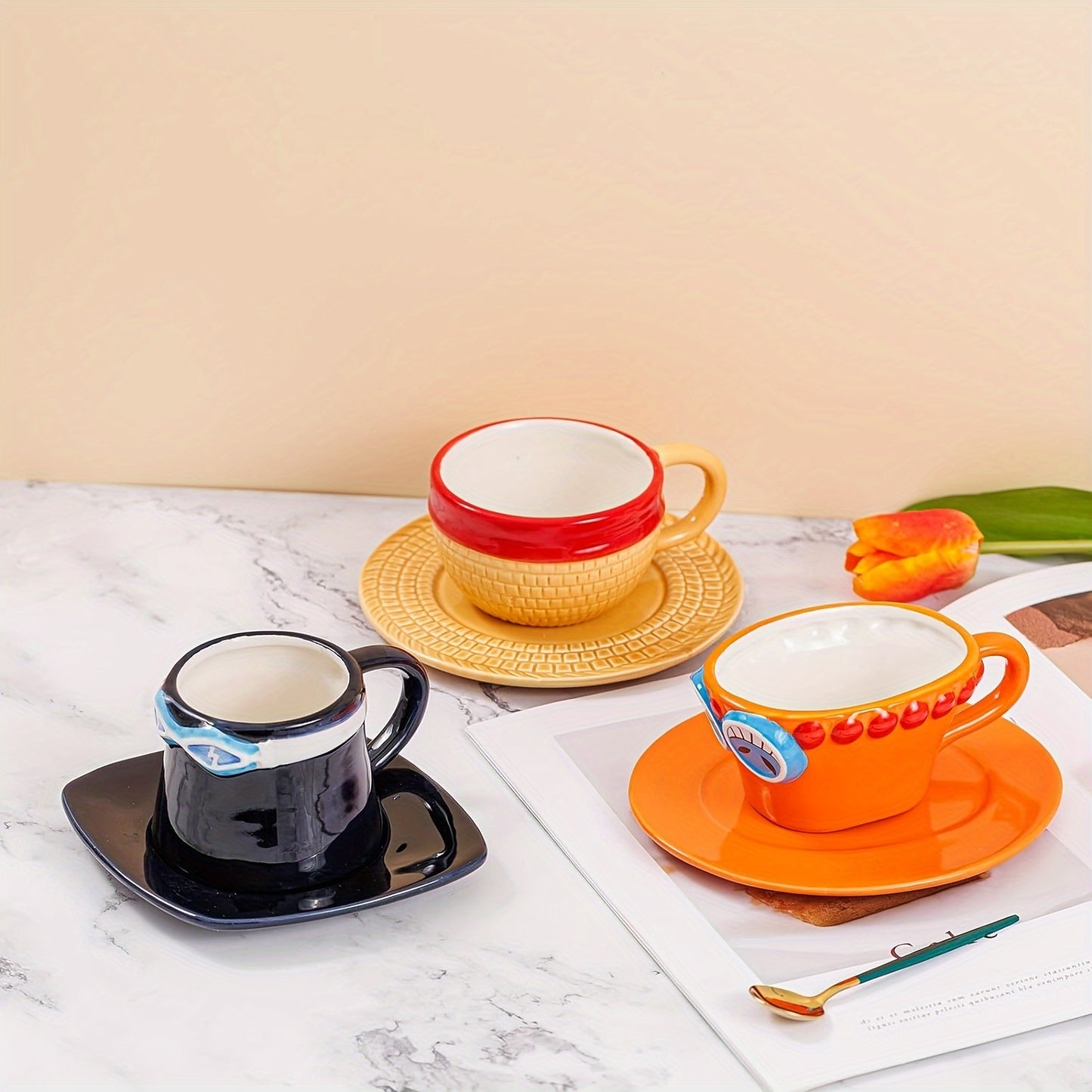 One Piece Ceramic Coffee Cups and Saucers Set - Microwave Safe, Lead-Free, Poly-Coated, Reusable, Round, Matching Set for Adults - Perfect Gift for Him/Her on Christmas, Easter, Halloween, Hanukkah, Thanksgiving