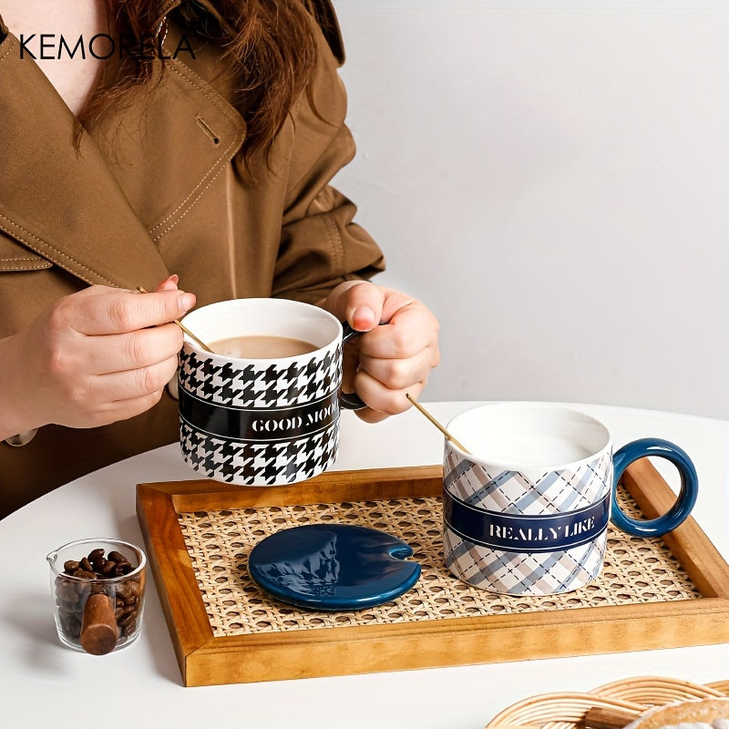 KEMORELA Ceramic Coffee Mugs Set with Lids and Spoons, Houndstooth Pattern Reusable Round Cups, Microwave Safe, Machine Wash, Multipurpose Drinkware, Ideal for Christmas, Halloween, Thanksgiving, Valentine's, Father's Day Gif