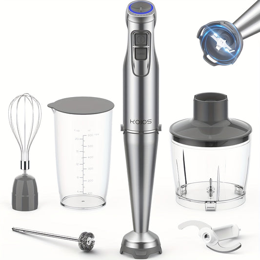 KOIOS Immersion Hand Blender, Stainless Steel Stick Blender with 12-Speed & Turbo Mode 1100W Motor, 5-in-1 Handheld Blender with 600ml Mixing Beaker with Lid, 500ml Chopper, Whisk, Milk Frother
