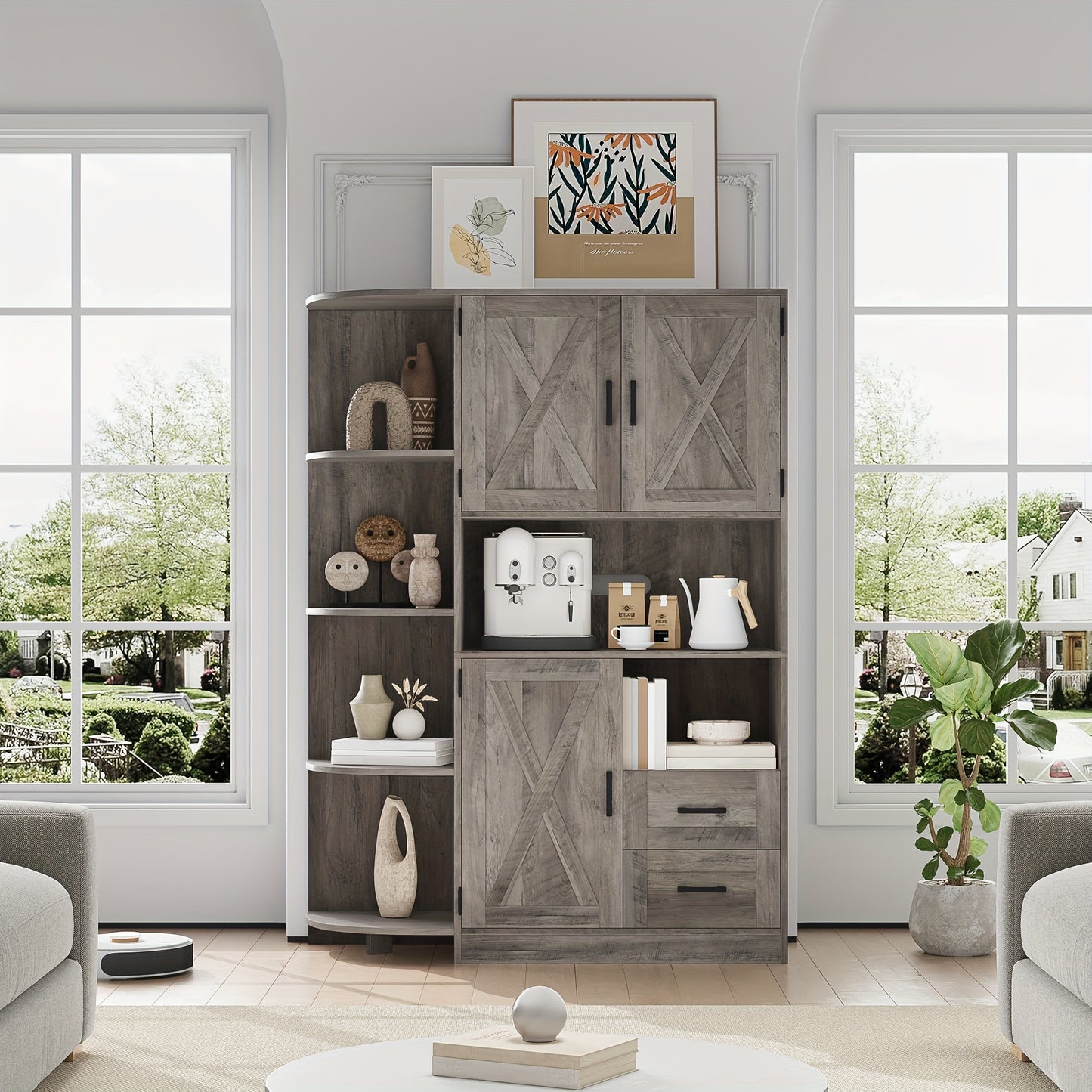 FULTRU 60.4" Farmhouse Kitchen Pantry Storage Cabinet, Freestanding Hutch with Doors & Shelves, Buffet Sideboard with Microwave Stand, Coffee Bar with Drawers, Cupboard for Dining Room, Rustic Brown
