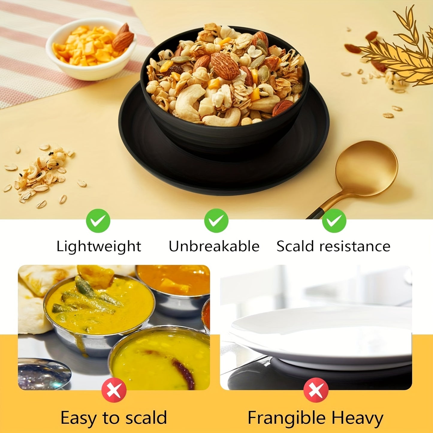 32Pcs Wheat Straw Dinnerware Sets, Lightweight Plates and Bowls Set, Plastic Reusable Plates, Microwave Dishwasher Safe, Reusable Dinnerware, Black Set 8 Dinner Plates, 8 Dessert Plate, 8 Cereal Bowls, 8 Cups.