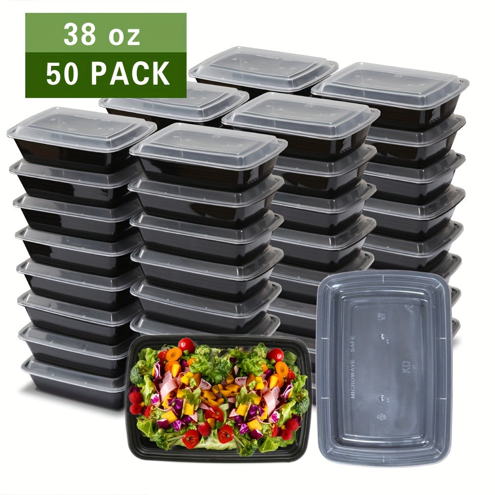 50pcs 38oz Black Rectangular Food Storage Container, Meal Prep Containers with Lids, Disposable Plastic To Go Containers, Bento Box, Stackable, Leak-Proof, BPA-Free, Microwave Safe, Dishwasher Safe, Kitchen Organizers and Sto
