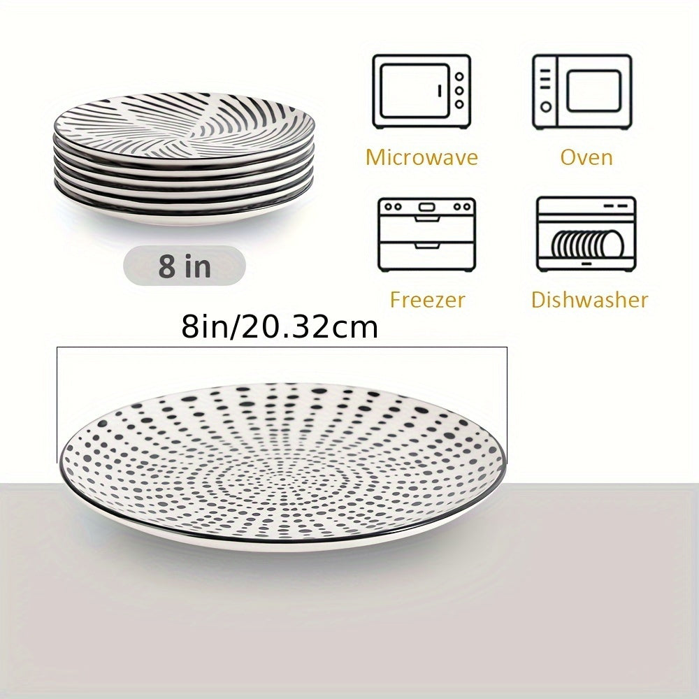 Dinner Plates Ceramic Plate Set - Black Plate Set 8 Inch - 10 Inch Large Porcelain Round Plate Sets Of 6 - Flat Modern Black Pattern Dining Plates For Kitchen | Family - Dishwasher | Microwave | Oven Safe