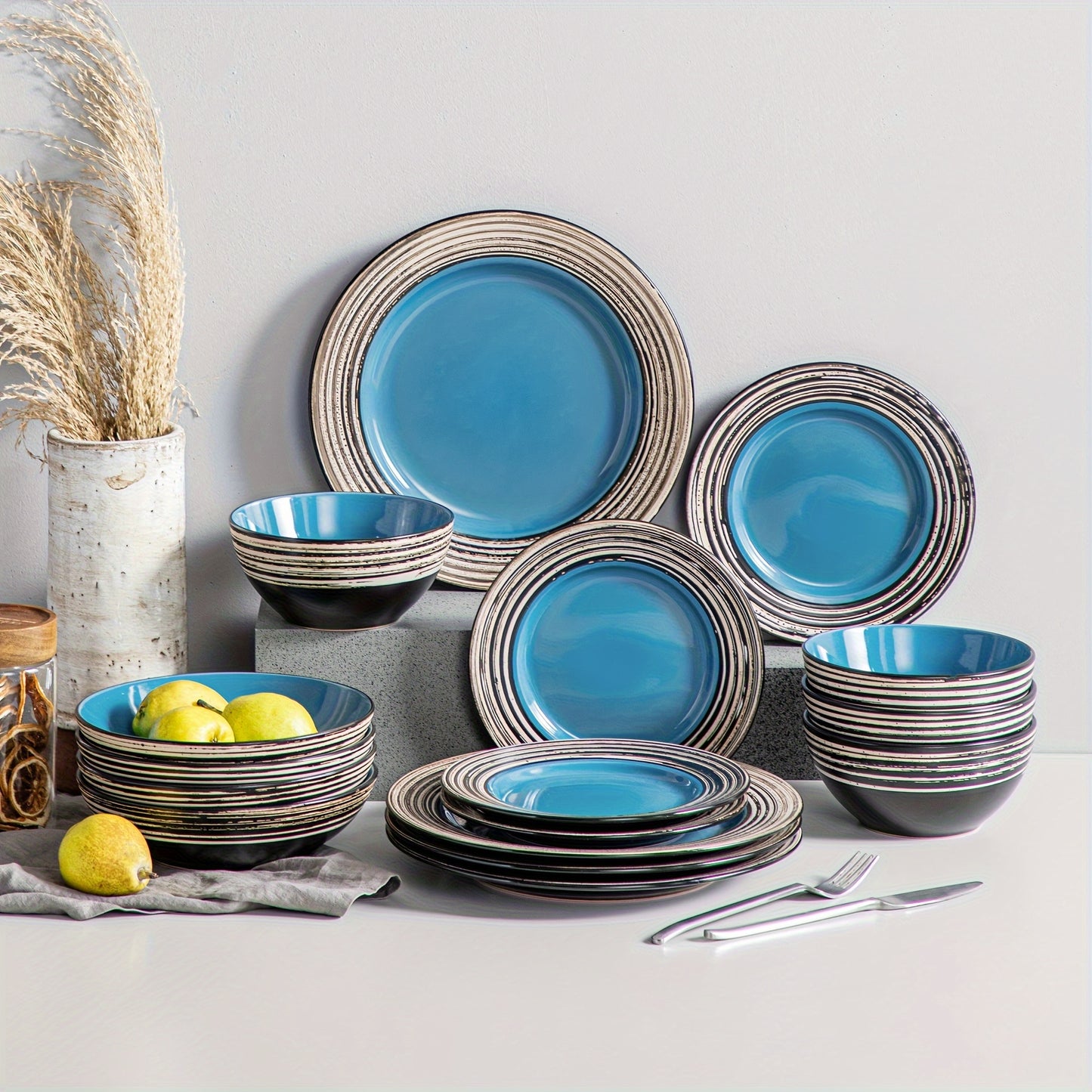 16-Piece Vancasso Round Stoneware Dinnerware Set - Durable Bark Glaze Plate Set with Service for 4, Scratch-Resistant, Dishwasher and Microwave Safe