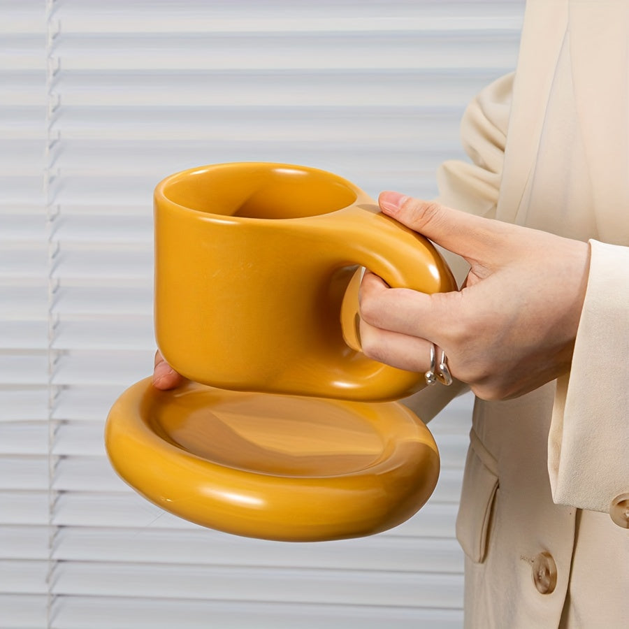 1set Chubby Mug Saucer Set - Creative, Cute, Fat Handle, 10 Oz, Dishwasher and Microwave Safe, Perfect for Latte, Tea, Milk, Halloween Gift, Birthday Gift, Aesthetic Room Decor, Art Supplies, Summer and Winter Drinkware