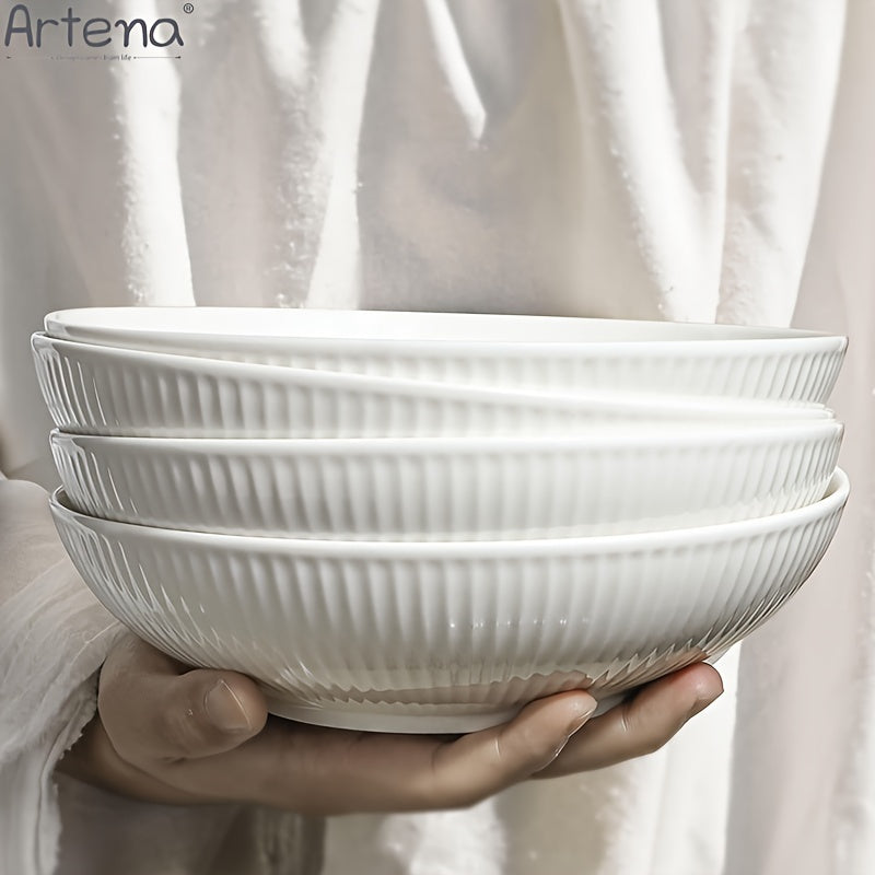 Large Ceramic 4pcs Artena Pasta Bowls - 32oz/35oz, 7.9''/8'' Embossed Soup Bowls - White Serving Bowls for Entertaining, Microwave Dishwasher Oven Safe
