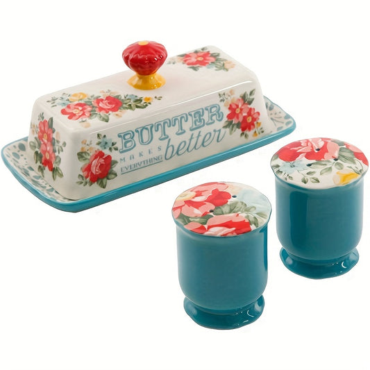 3pcs Vintage Floral Salt and Pepper Shaker and Butter Dish Set - Home Decor - Durable Stoneware, Dishwasher and Microwave Safe