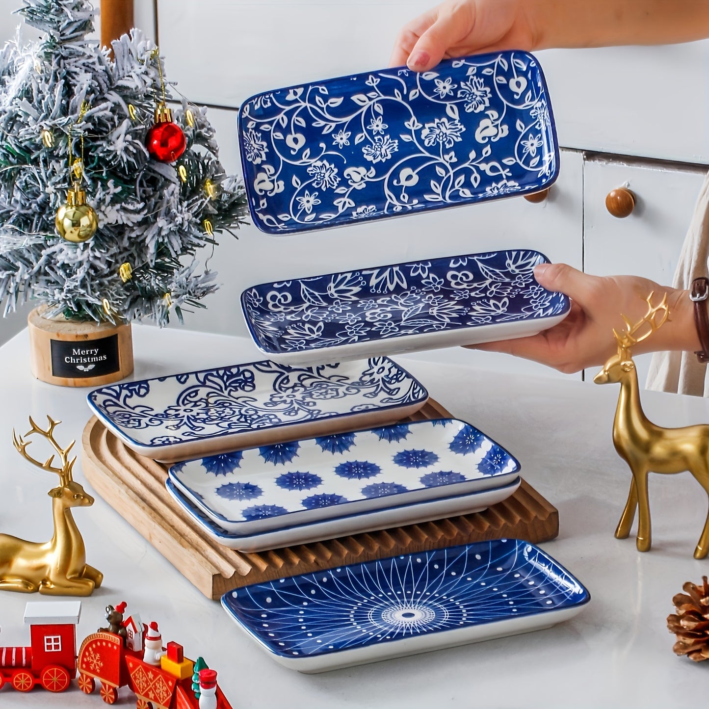 6pcs, Cerkik Rectangle Serving Plates Set, 8 Inch, Rectangular Ceramic Dinner Appetizer Dishes, Porcelain Platter For Sushi, Salad, Dessert, Pasta, Oven Microwave Dishwasher Safe, Valentine'S Day, Christmas, Weddings, Vintage