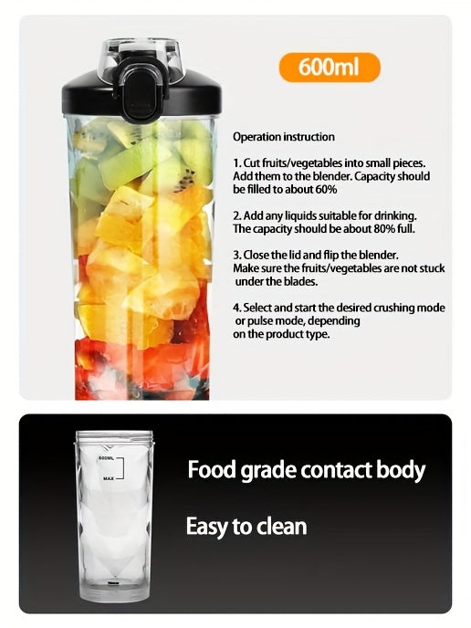 1pc, Portable Electric Juicer Cup Personal Blender-for Shakes & Smoothies Multi-Functional Personal Blender With Ice Crushing Ability, 20.29oz Capacity, USB Rechargeable, Kitchen Accessories Juicer Accessories Back To School