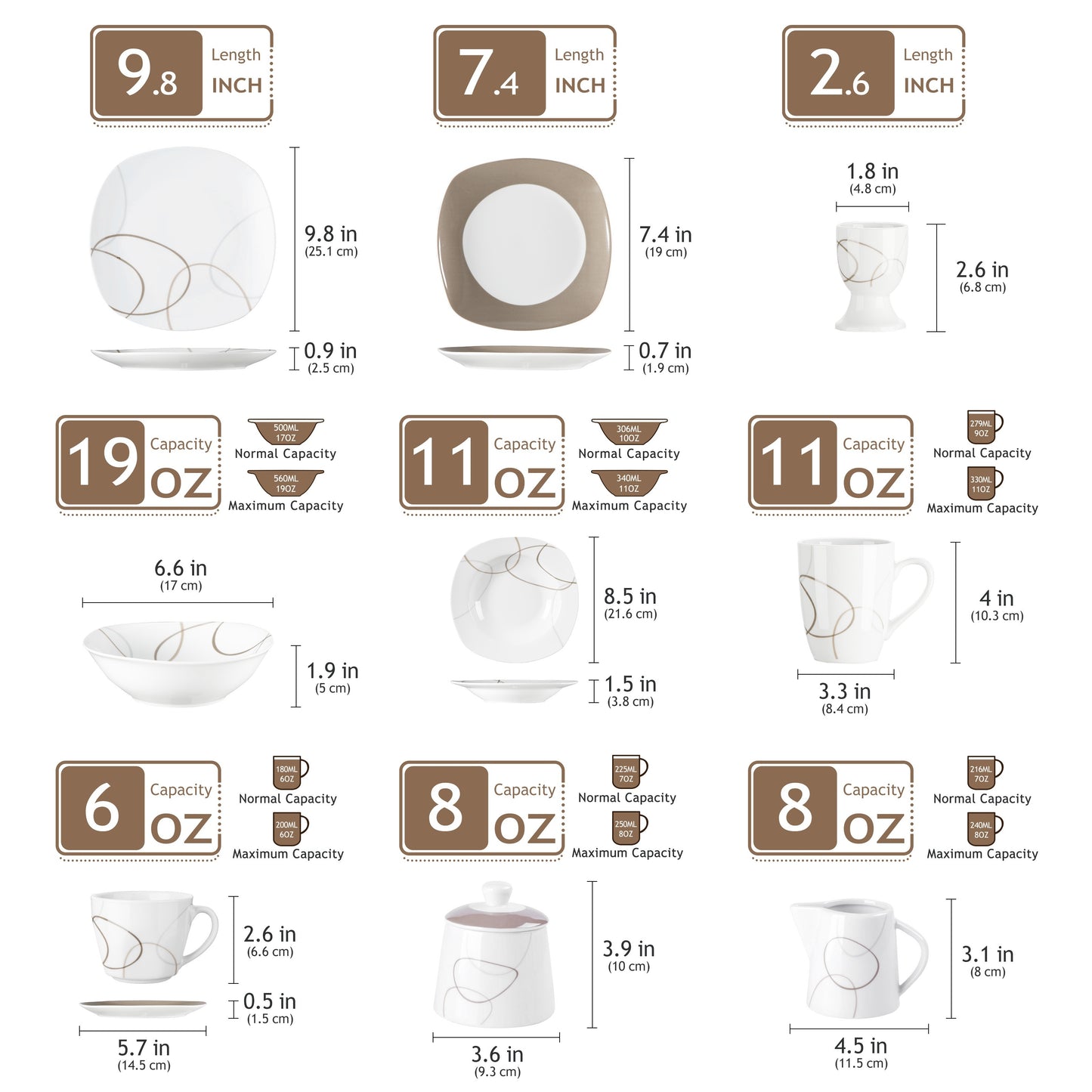 50-Piece Dinnerware Set Service for 6 Plates and Bowls Set Porcelain Tableware Dishes Set Brown Lines Patterns, Including Plates Sets, Bowls, Mugs, Egg Cups, Cup and Saucer Set, Milk Jug and Sugar Pot Set, Microwave and Dishw
