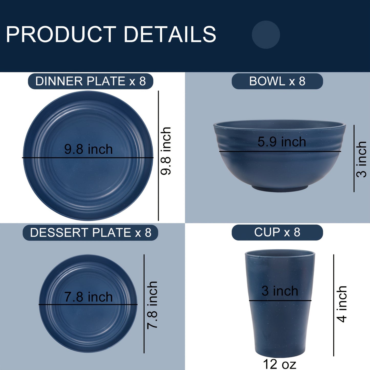 32pcs Wheat Straw Dinnerware Sets, Dinnerware Sets For 8, Plates And Bowls Sets, Reusable Dinnerware Set, Microwave Dishwasher Safe, Blue Plastic Dinnerware Sets Include 16pcs Plates, 8pcs Bowls, 8pcs Cups