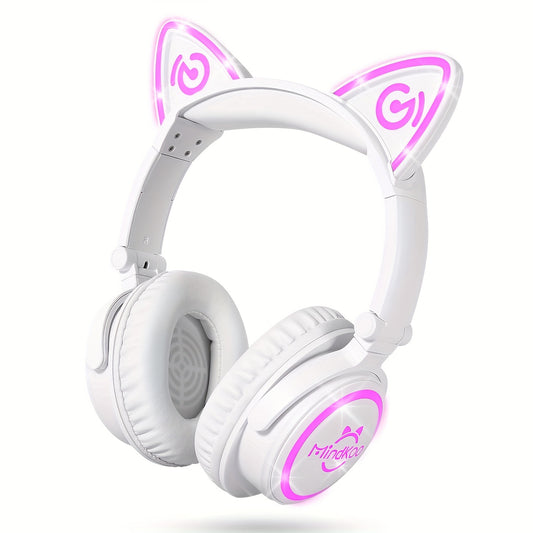 Mindkoo Over-Ear Wireless Headphones, Cat Ear Headphones With 7 Colors LED Light, Foldable, Built-in Microphone And Volume Control For PC/Cell Phones/Teens/Adults