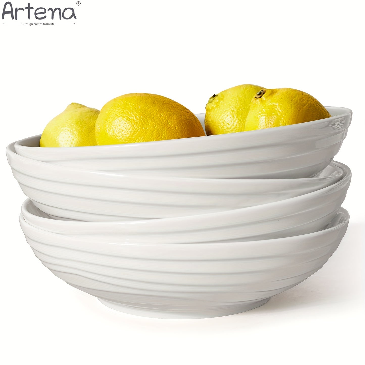 Large Ceramic 4pcs Artena Pasta Bowls - 32oz/35oz, 7.9''/8'' Embossed Soup Bowls - White Serving Bowls for Entertaining, Microwave Dishwasher Oven Safe