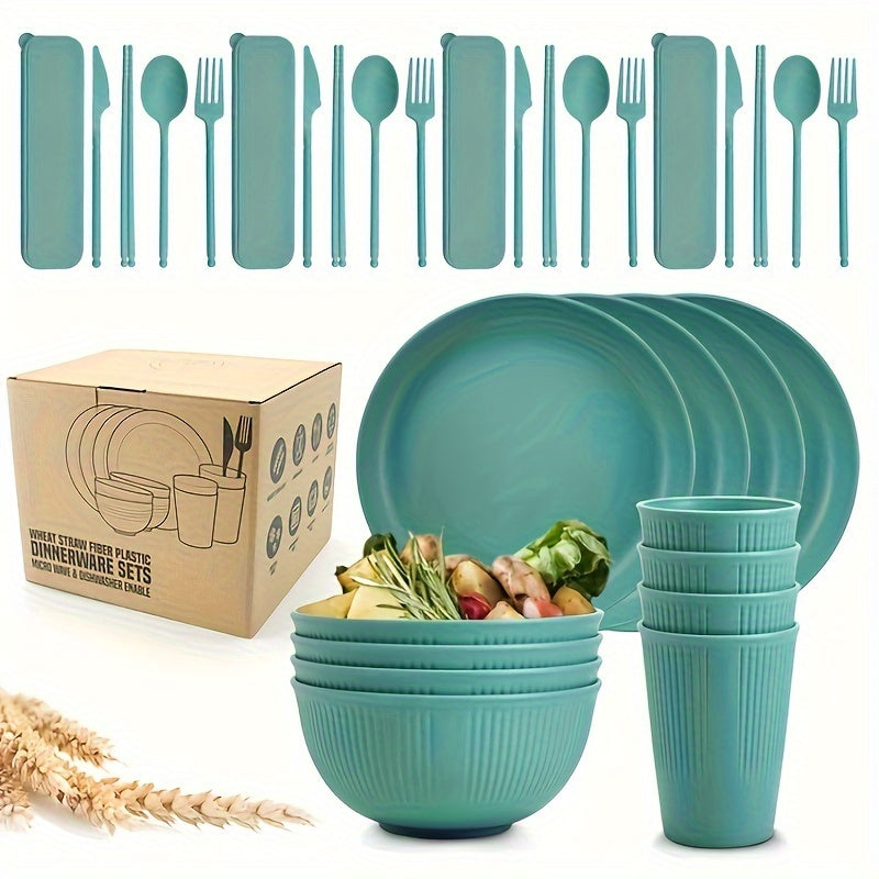 32PCS Durable Wheat Straw Cutlery Set - Reusable, Shatter-Resistant, Dishwasher & Microwave Safe - Perfect for Camping, RV, Picnic, Kitchen, Dormitory Essentials in Vibrant Blue
