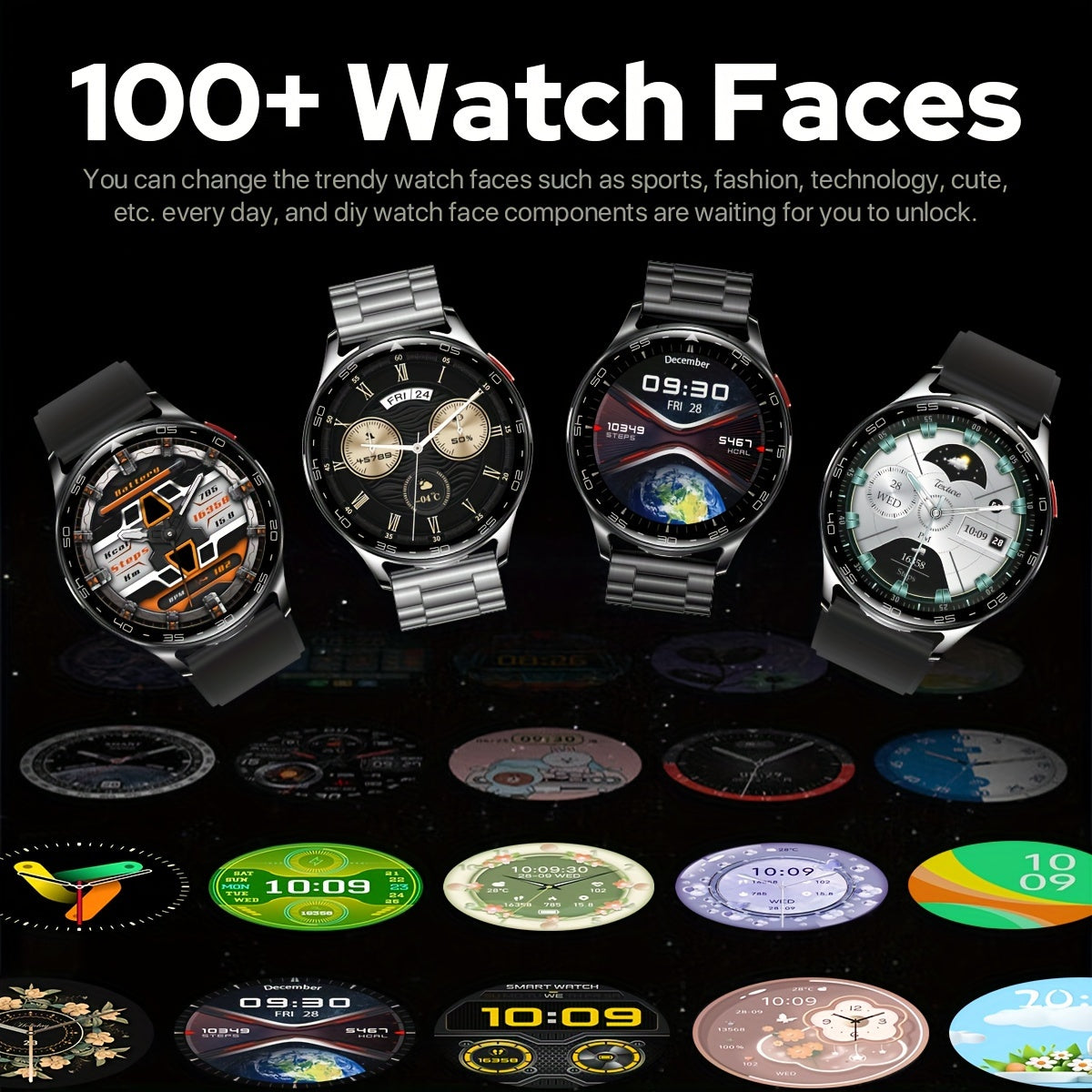 [Smart Watch, Fitness Tracker] 1.39" Full Touch Smart Watch - Wireless Calls, Remote Camera Control, Waterproof, Fitness Tracker with 100+ Sports Modes, Built-In Headphones, Calorie Counter & Pedometer, Black Silicone Band, W