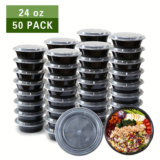 [50Pcs  24oz] Black Round Food Storage Container, Meal Prep Containers with Lids, Disposable Plastic To Go Containers, Bento Box, Stackable, Leak-Proof, BPA-Free, Microwave Safe, Dishwasher Safe, Kitchen Organizers and Storag