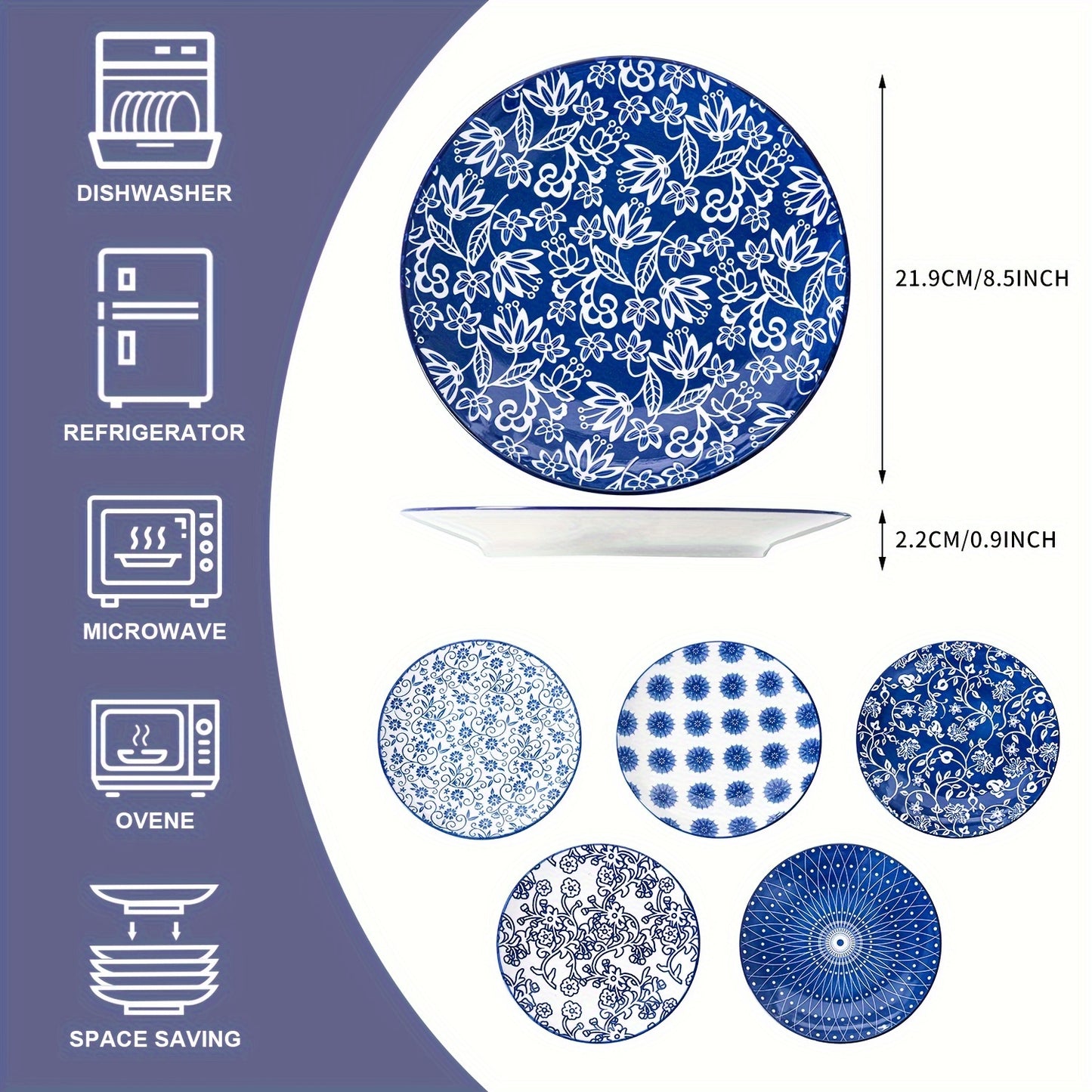 Chinese style ceramic dinnerware 30 pcs set, including 8.5 inches salad plate, 10.5 inches dinner plate, 16 oz coffee mug, 8.3 inches rectangular plate, 24 oz cereal bowl each 6 pcs, microwave oven dishwasher safe, housewarmi
