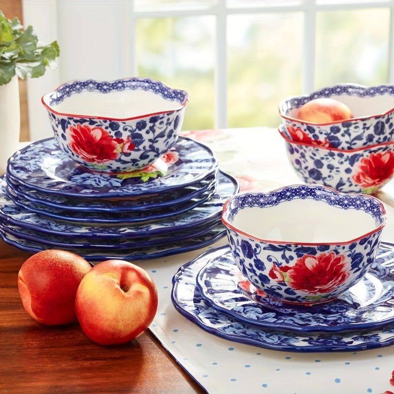 12pcs Vibrant Floral Stoneware Dinnerware Set - Dishwasher and Microwave Safe