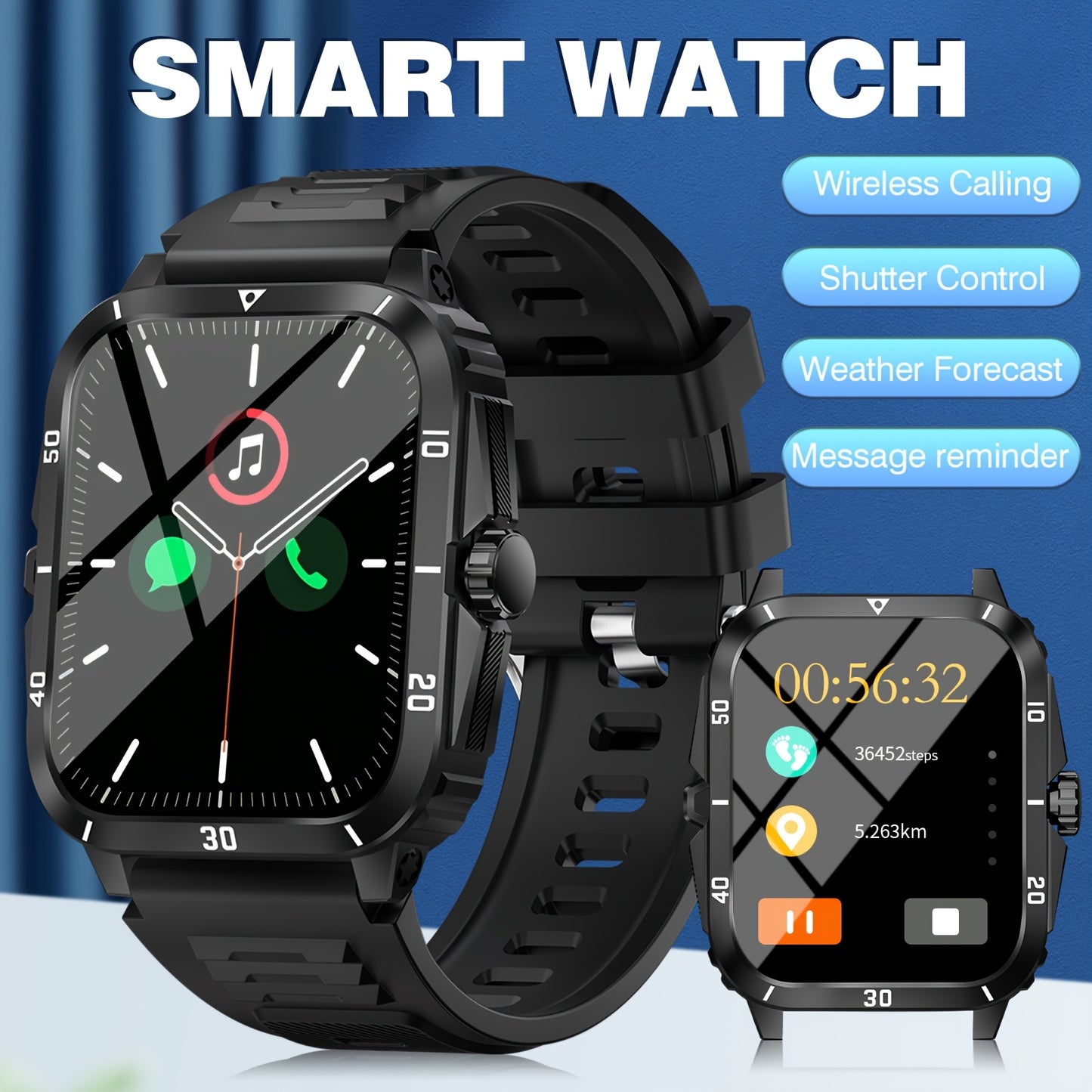 [Smart Sports Watch] Wireless Sports Smartwatch - Smart Watch for Android Phones & iPhone with Long Battery Life, HD Large Screen, Music Control, Weather Forecast, Sedentary Reminder, Step Monitoring, Unisex Design