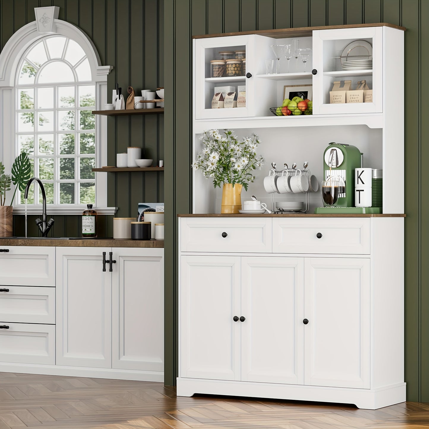 FULTRU Kitchen Pantry Storage Cabinet, Freestanding Hutch Cabinet with Buffet Cupboard, Utility Pantry with Microwave Stand, Tall Kitchen Cabinets with Adjustable Shelves for Kitchen