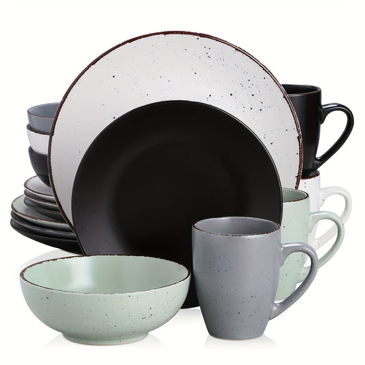 16-Piece Vancasso Round Stoneware Dinnerware Set - Sesame Glaze, Matt Finish, Service for 4, Durable, Chip-Resistant, Easy to Clean, Microwave and Dishwasher Safe