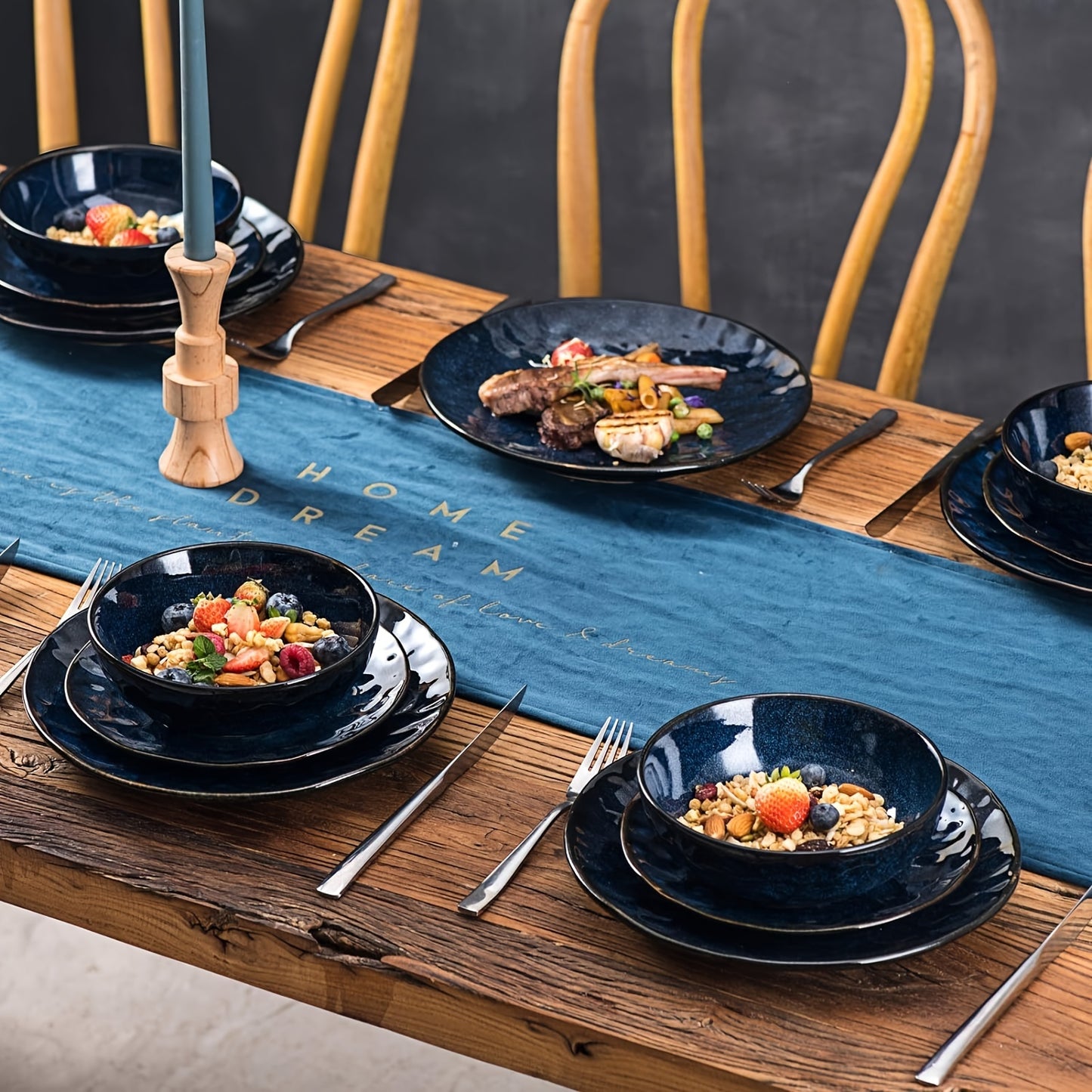 6pcs, vicrays Ceramic Salad Bowls Set for Kitchen, Serving - 32 Ounce Soup Bowls, Pasta Bowls, Chip Resistant, Dishwasher Microwave Safe, Large, Fluted, stoneware (Blue)