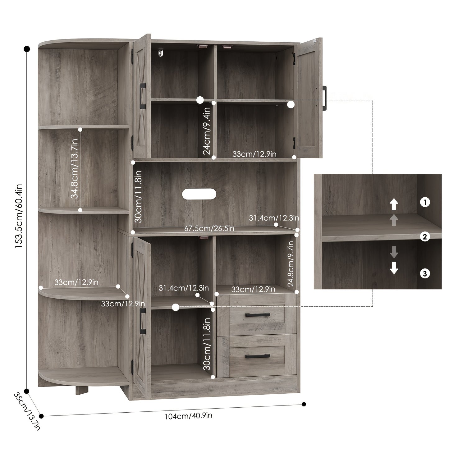 FULTRU 60.4" Farmhouse Kitchen Pantry Storage Cabinet, Freestanding Hutch with Doors & Shelves, Buffet Sideboard with Microwave Stand, Coffee Bar with Drawers, Cupboard for Dining Room, Rustic Brown