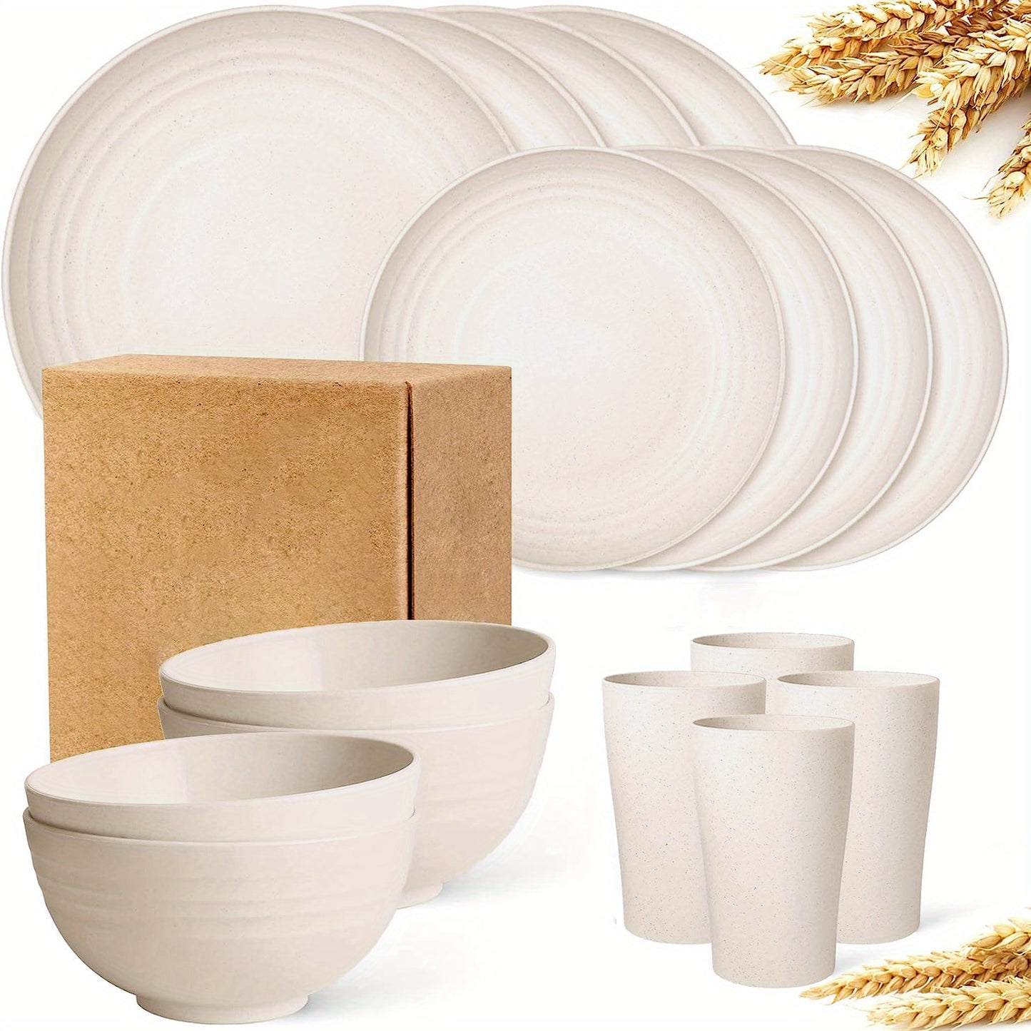 Premium Straw Tableware Set, 16 Unbreakable Tableware Sets, Microwave And Dishwasher Safe, Black Set of 8 Plates, 4 Bowls, 4 Cups.