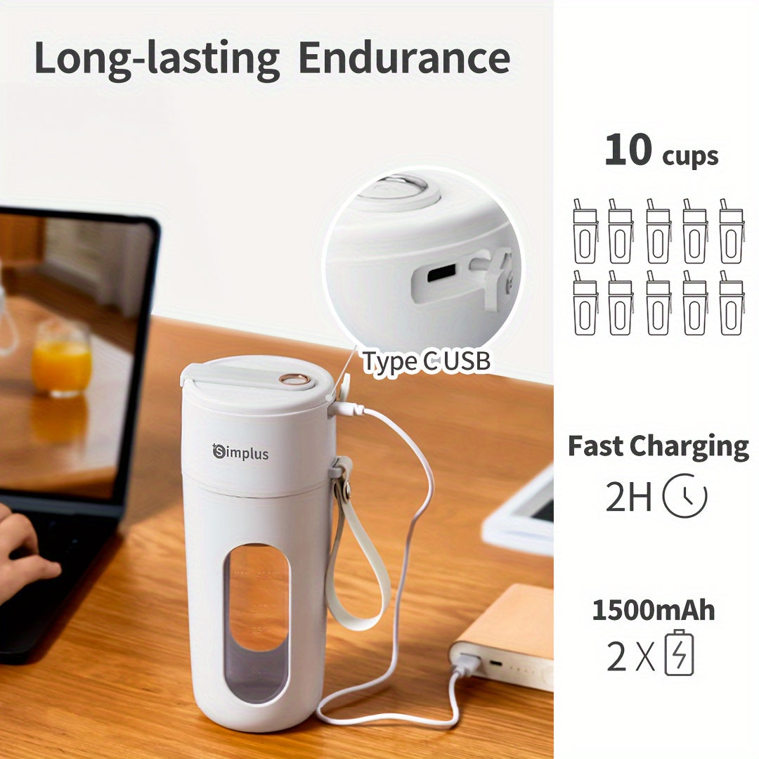 Simplus Portable Blender - 13.53oz Capacity, Quick Ice Crush in 38 Seconds, Stainless Steel Blades, USB Rechargeable, Easy Clean, Compact Kitchen Gadget