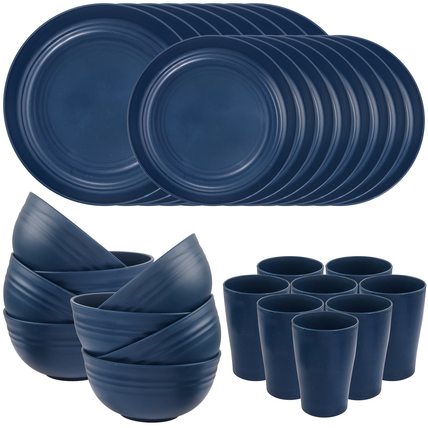 32pcs Wheat Straw Dinnerware Sets, Dinnerware Sets For 8, Plates And Bowls Sets, Reusable Dinnerware Set, Microwave Dishwasher Safe, Blue Plastic Dinnerware Sets Include 16pcs Plates, 8pcs Bowls, 8pcs Cups