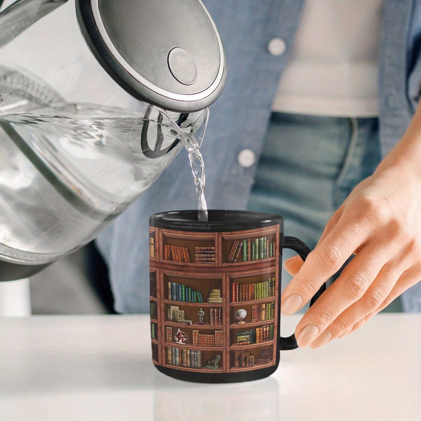 1pc, Bookworm's Delight Mug - Library Bookshelf Coffee Mug for Book Lovers - 11oz/15oz, Black, Ceramic, Dishwasher and Microwave Safe, Unique Bookish Gifts for Readers and Librarians