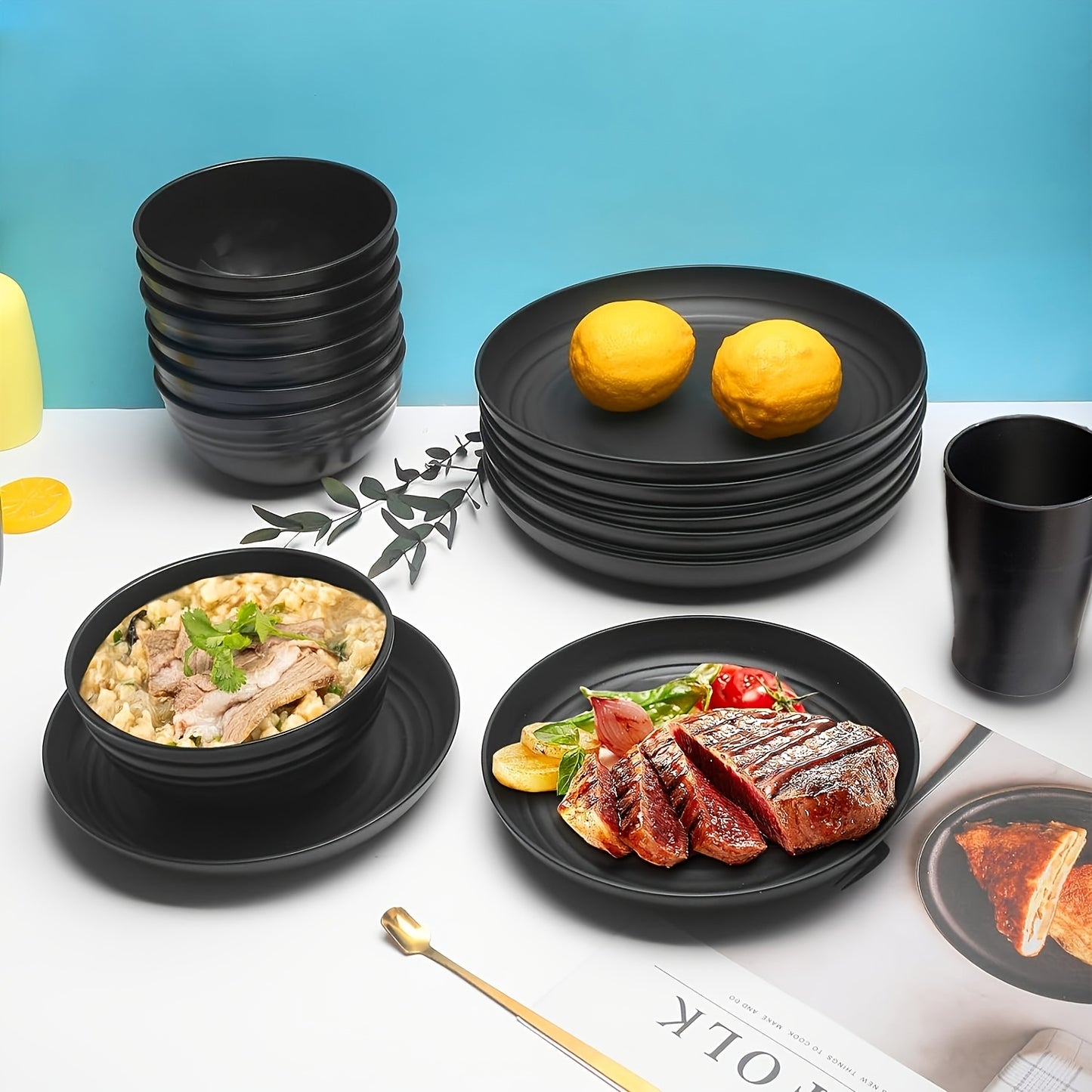 32Pcs Wheat Straw Dinnerware Sets, Lightweight Plates and Bowls Set, Plastic Reusable Plates, Microwave Dishwasher Safe, Reusable Dinnerware, Black Set 8 Dinner Plates, 8 Dessert Plate, 8 Cereal Bowls, 8 Cups.