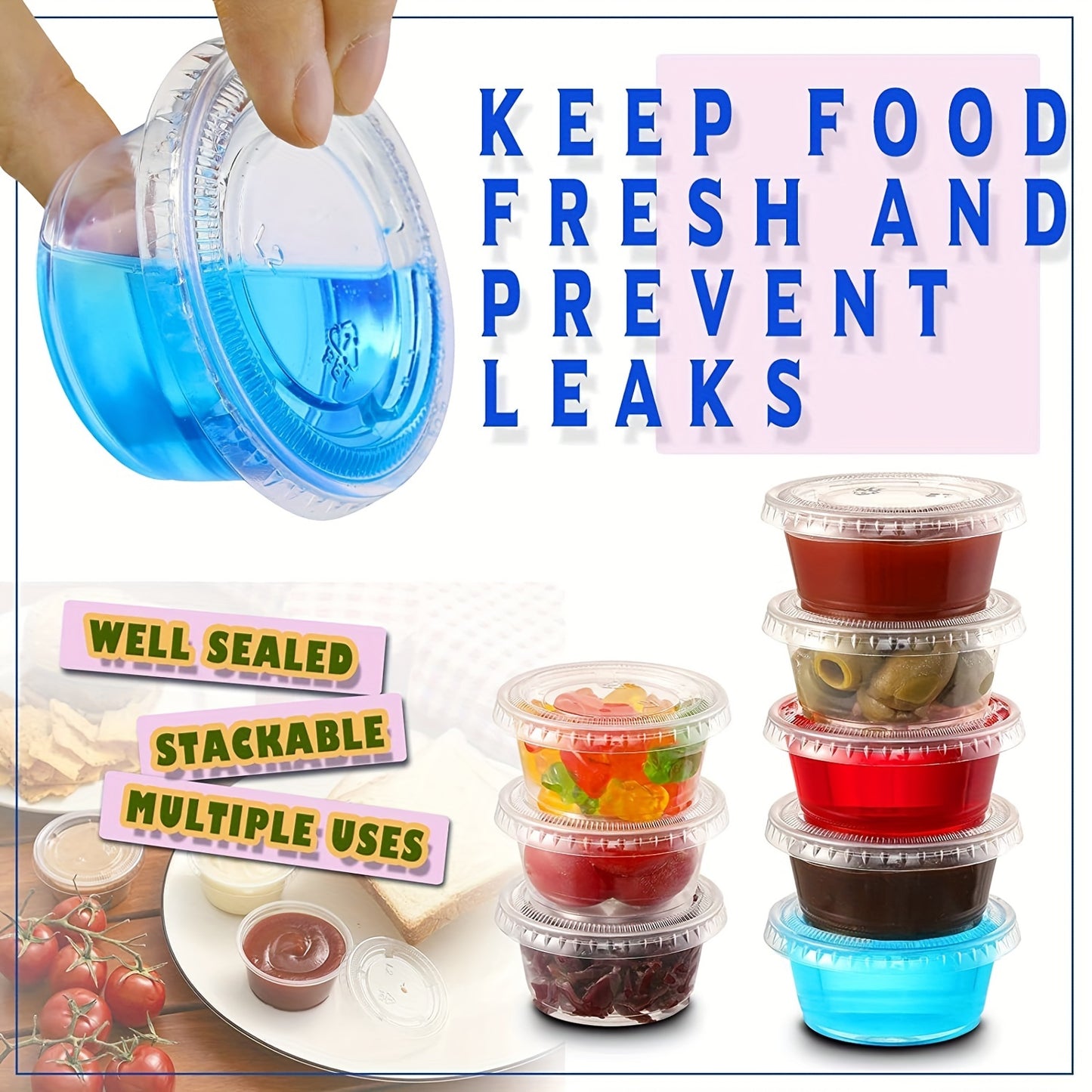 50/100pcs, Meal Prep Portion Cups with Lids - 2oz/3.25oz/5.5oz - Perfect for Salad Dressing and Condiments - Kitchen Accessories