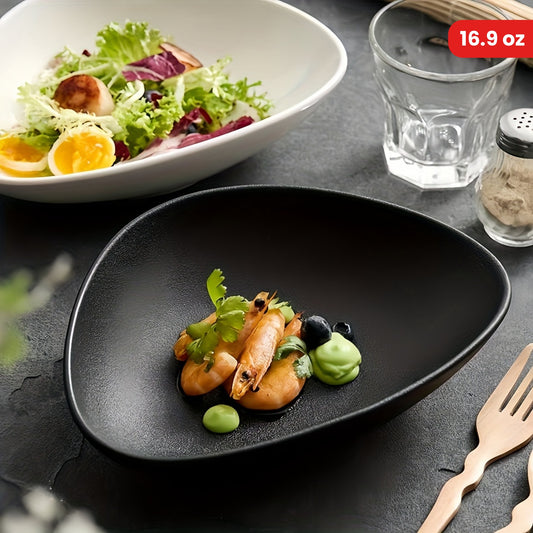 Set of 1 Triangle Japanese Style Ceramic Salad Bowl, 16.9 oz Microwave Safe Modern Matte Black Finish Novelty Serving Dish, Unique Fruit Salad Plate