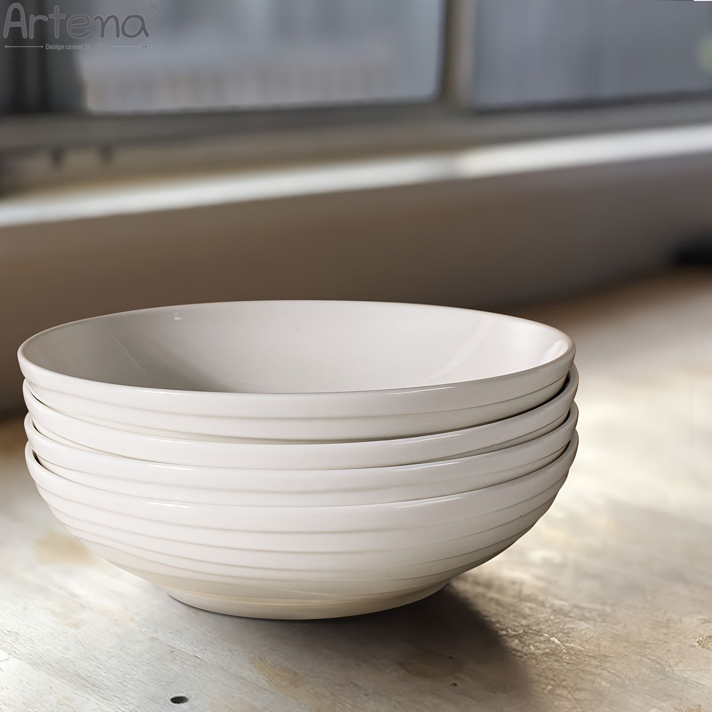 Large Ceramic 4pcs Artena Pasta Bowls - 32oz/35oz, 7.9''/8'' Embossed Soup Bowls - White Serving Bowls for Entertaining, Microwave Dishwasher Oven Safe
