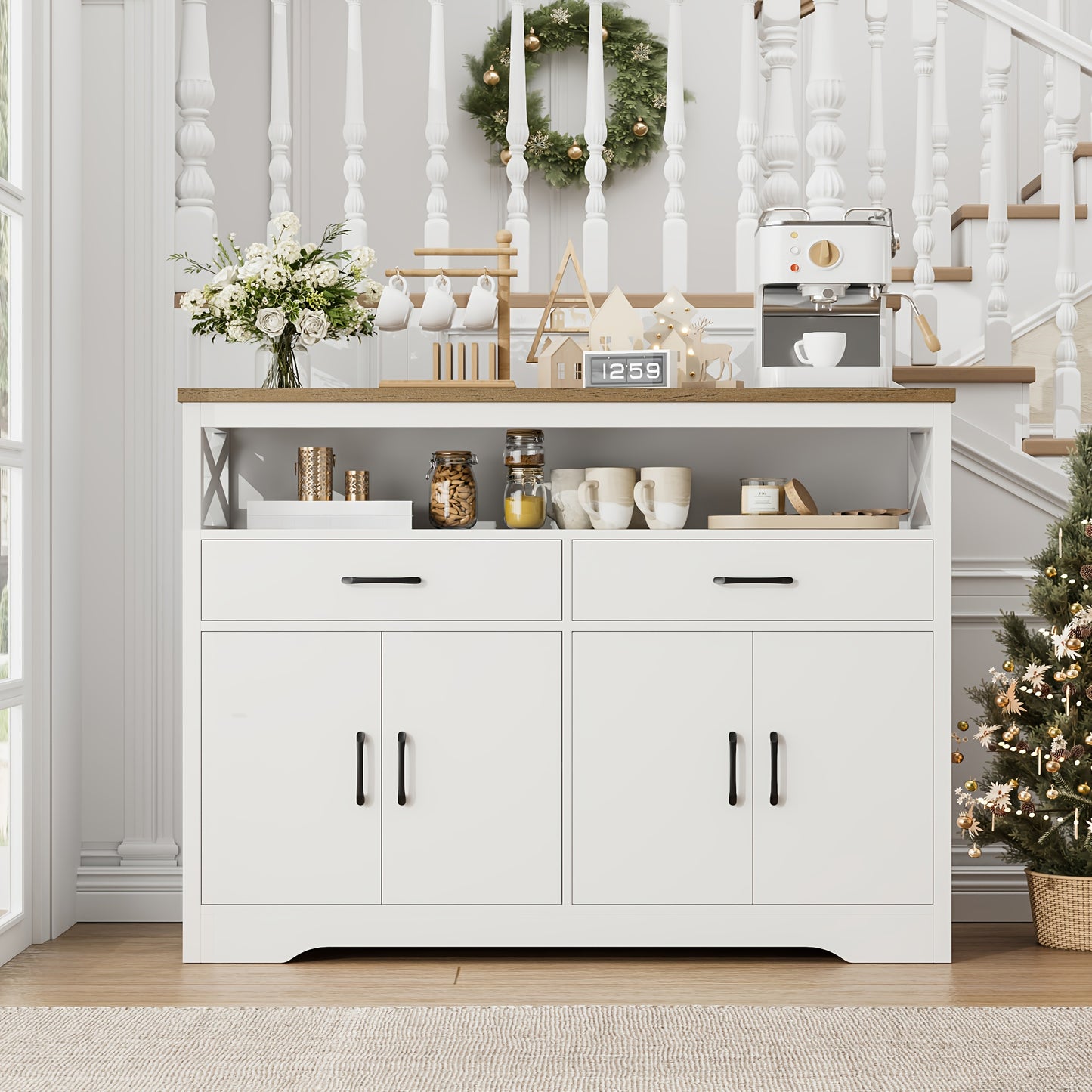 FULTRU 47" Modern Farmhouse Sideboard Buffet Cabinet, Wood Buffet Storage Cabinet with Drawers & Shelves, Large Coffee Bar Cabinet with Storage, Microwave Stand for Kitchen, Dining Room, Dark Brown, White + Rustic Brown, Whit