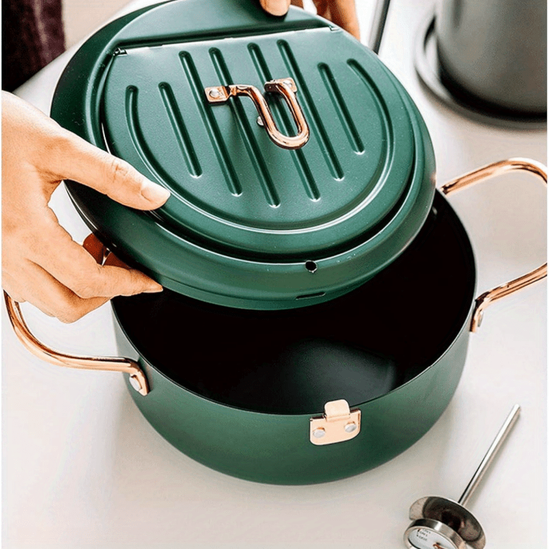 1pc Large Green Tempura Deep Fryer Pan - Non-Stick Carbon Steel with Fahrenheit Thermometer for Perfect Tempura, Chicken, Fish, Shrimp - Easy Cleaning, Durable, Space-Saving Design for Home Kitchen